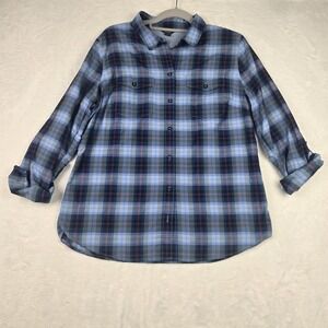 Eddie Bauer Women's Blue Pink Gray Plaid Button Up Shirt Size Large Long Sleeve‎